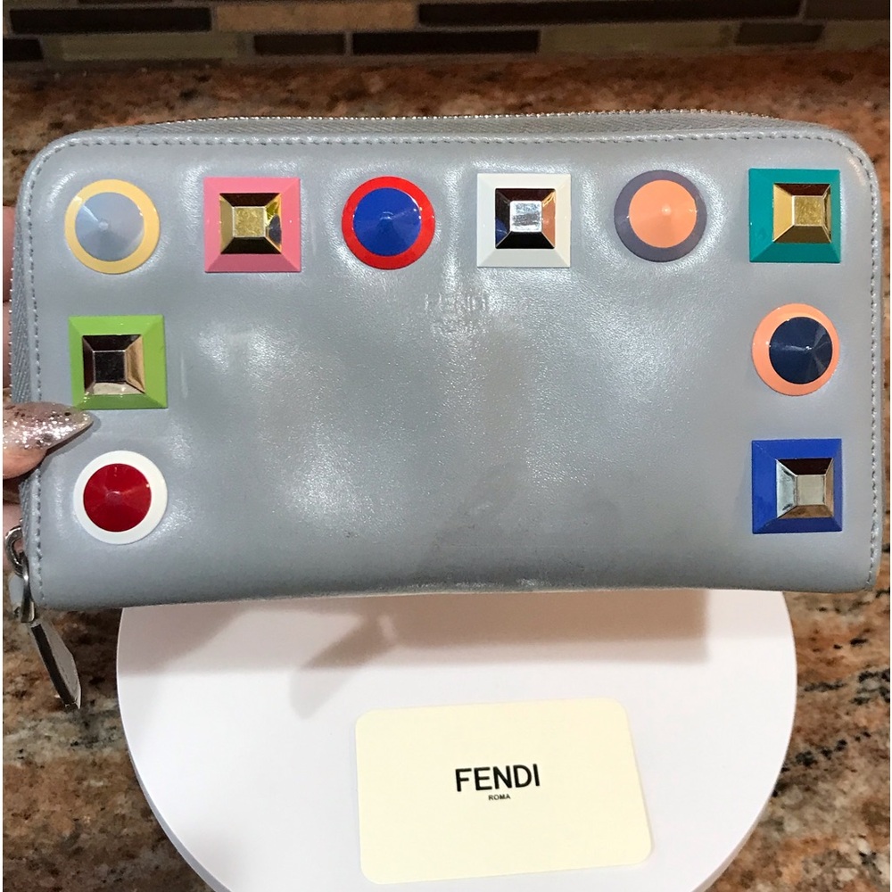 FENDI Vitello Liberty Multicolor Studded Leather Zip Around Wallet 😍💙❤️ - Picture 16 of 17